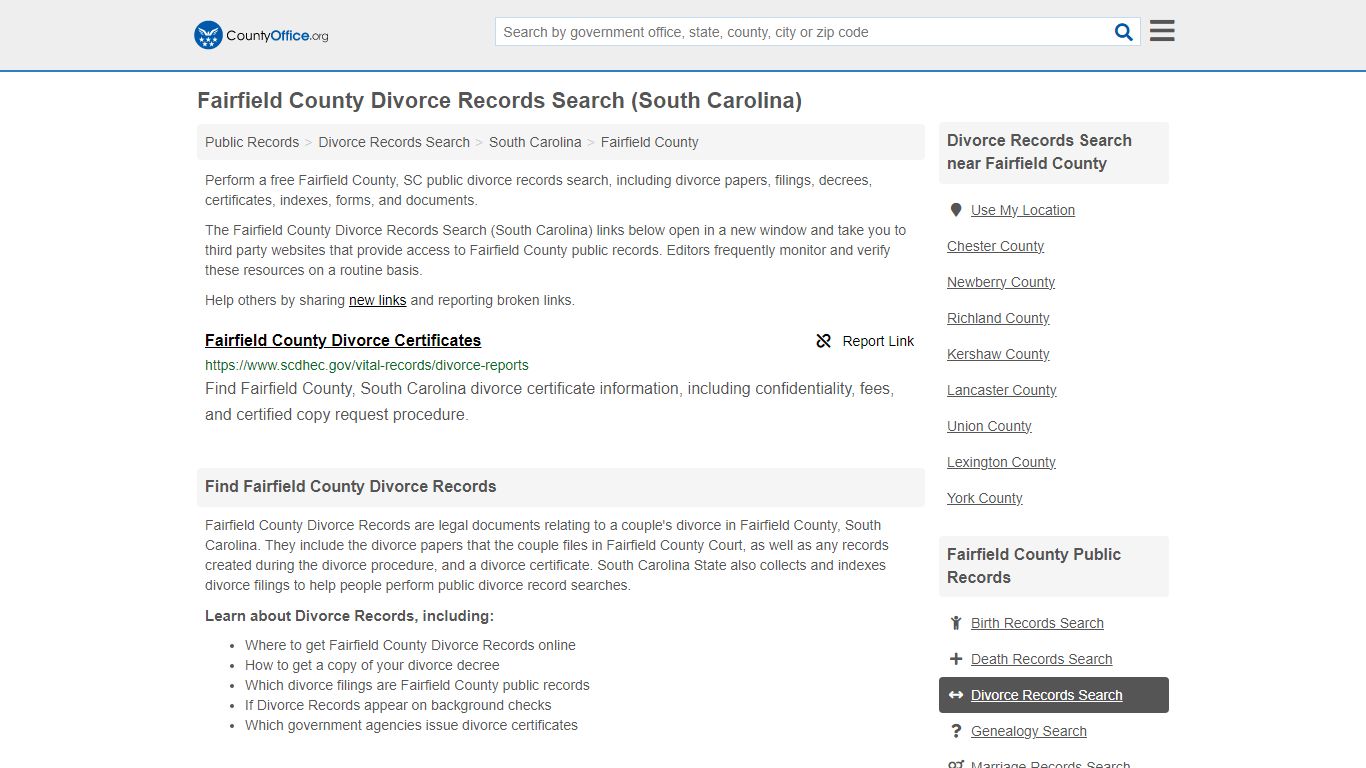 Fairfield County Divorce Records Search (South Carolina) - County Office